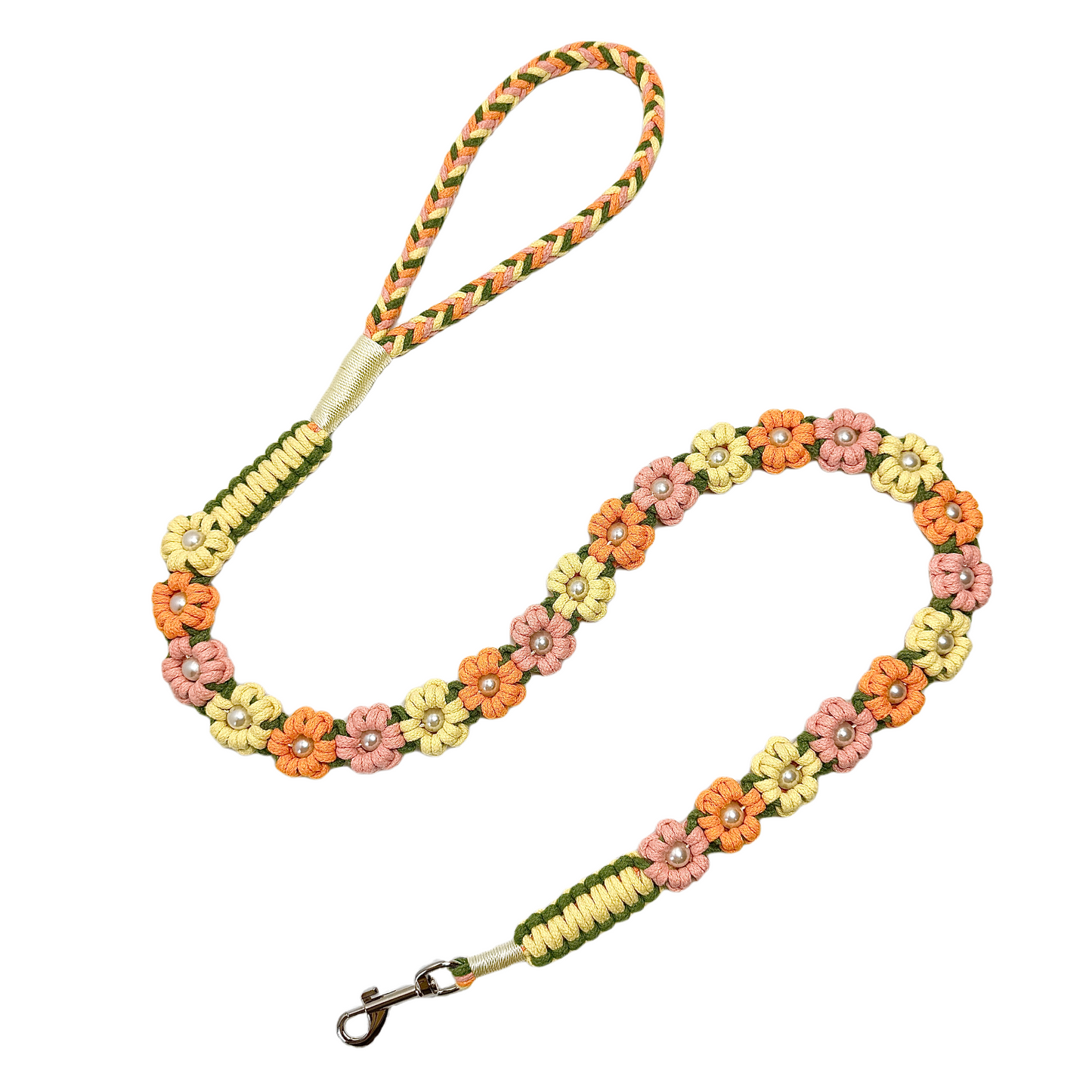 Handmade yellow, orange and pink dog leash crafted from four colorful cotton ropes, the leash showcases beautifully woven floral accents.