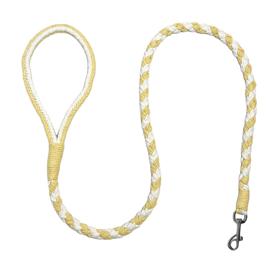 A yellow and white handmade dog leash crafted from braided cotton with a soft handle and a secure metal clip, perfect for everyday use.
