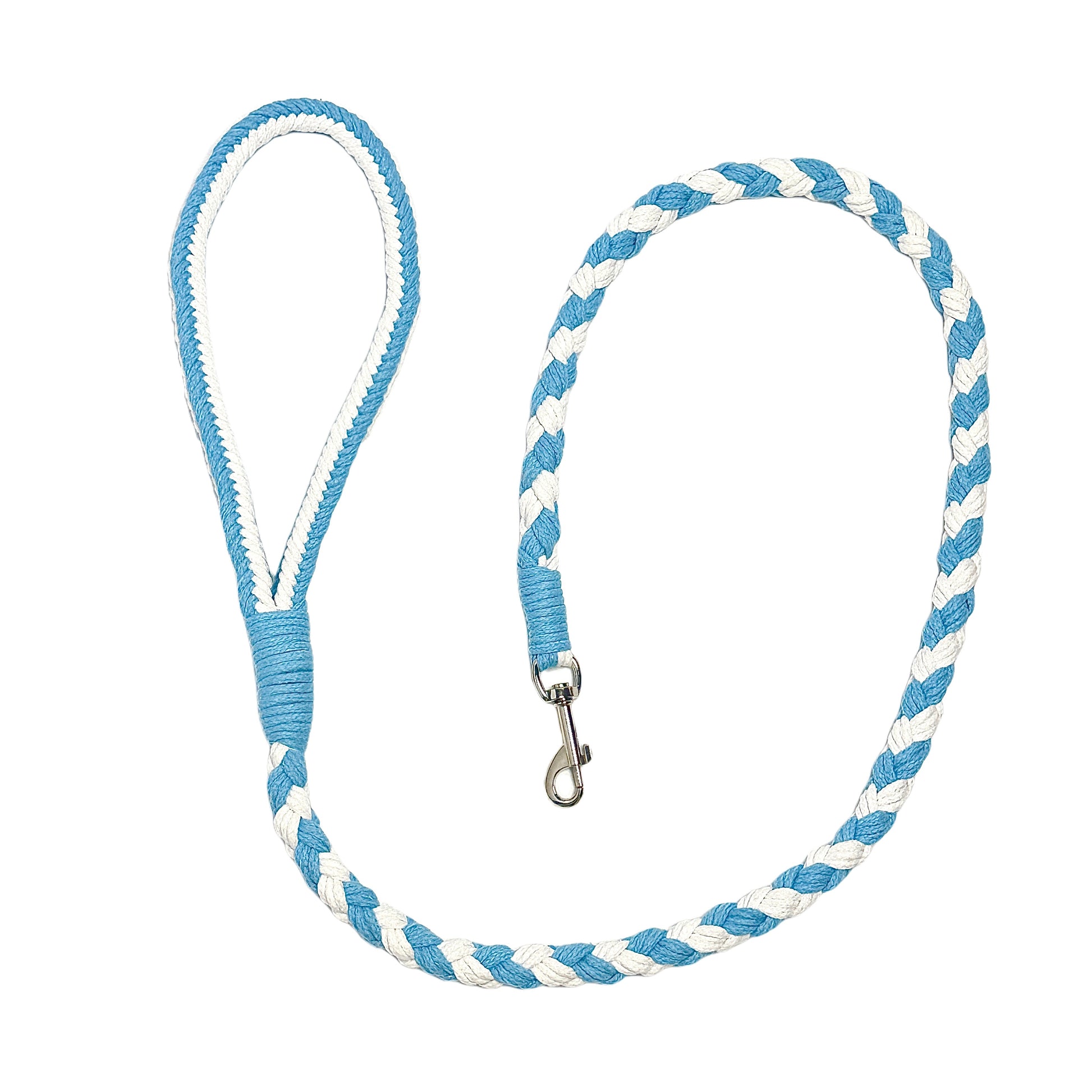 A blue and white braided handmade dog leash laid flat in a circular arrangement, showcasing the durable handle and sturdy metal clip, ideal for daily walks.