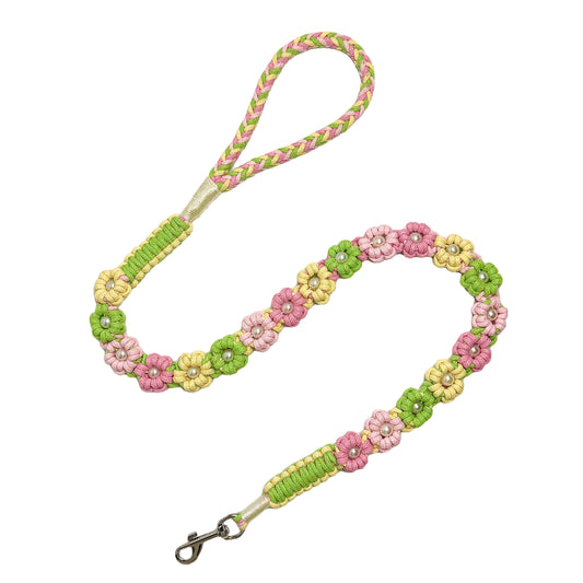 Handmade yellow, pink and green dog leash crafted from four colorful cotton ropes, the leash showcases beautifully woven floral accents.