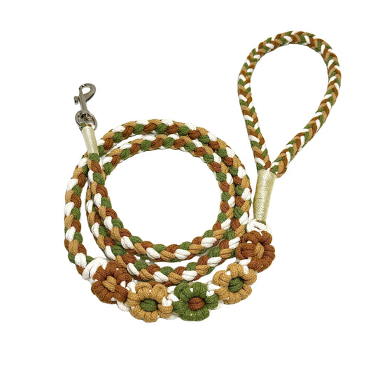 Brown and green five-flower handmade dog leash coiled together, displaying its overall design with an elegant and stable look.