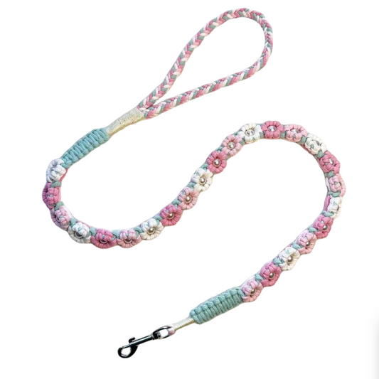 Handmade sakura-inspired dog leash crafted from four colorful cotton ropes, the leash showcases beautifully woven floral accents.