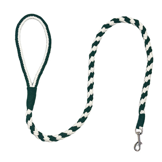 A cyan and white handmade dog leash crafted from braided cotton with a soft handle and a secure metal clip, perfect for everyday use.