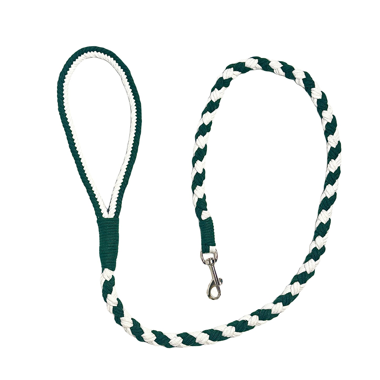 A cyan and white braided handmade dog leash laid flat in a circular arrangement, showcasing the durable handle and sturdy metal clip, ideal for daily walks.