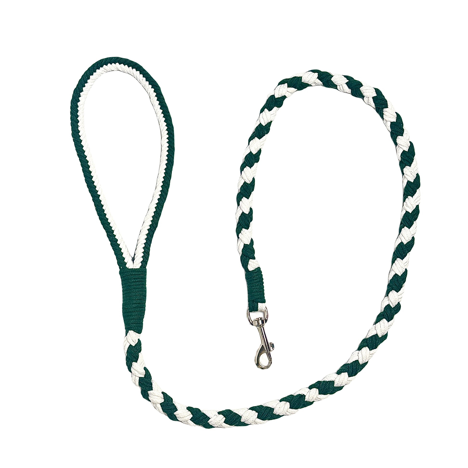 A cyan and white braided handmade dog leash laid flat in a circular arrangement, showcasing the durable handle and sturdy metal clip, ideal for daily walks.