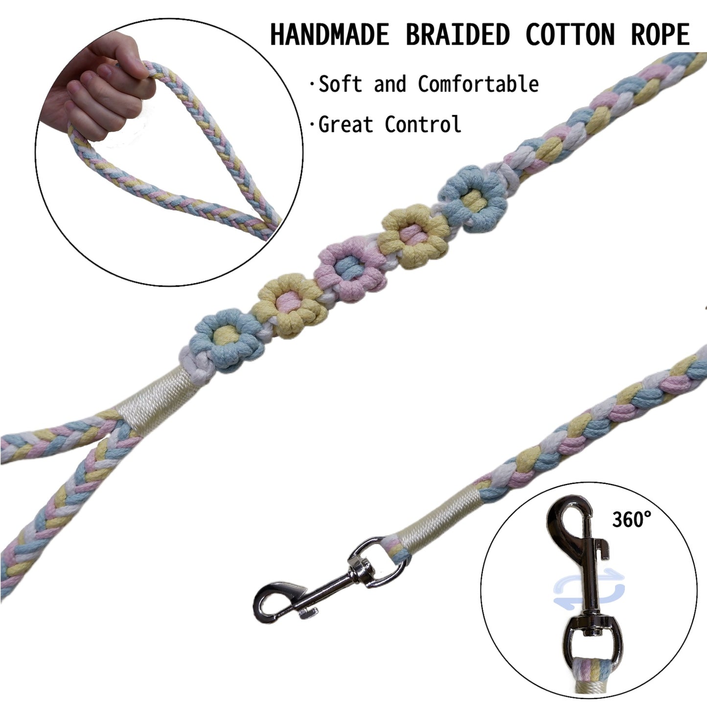 The soft handle and the clip of the five flowers series handmade blue yellow dog leash