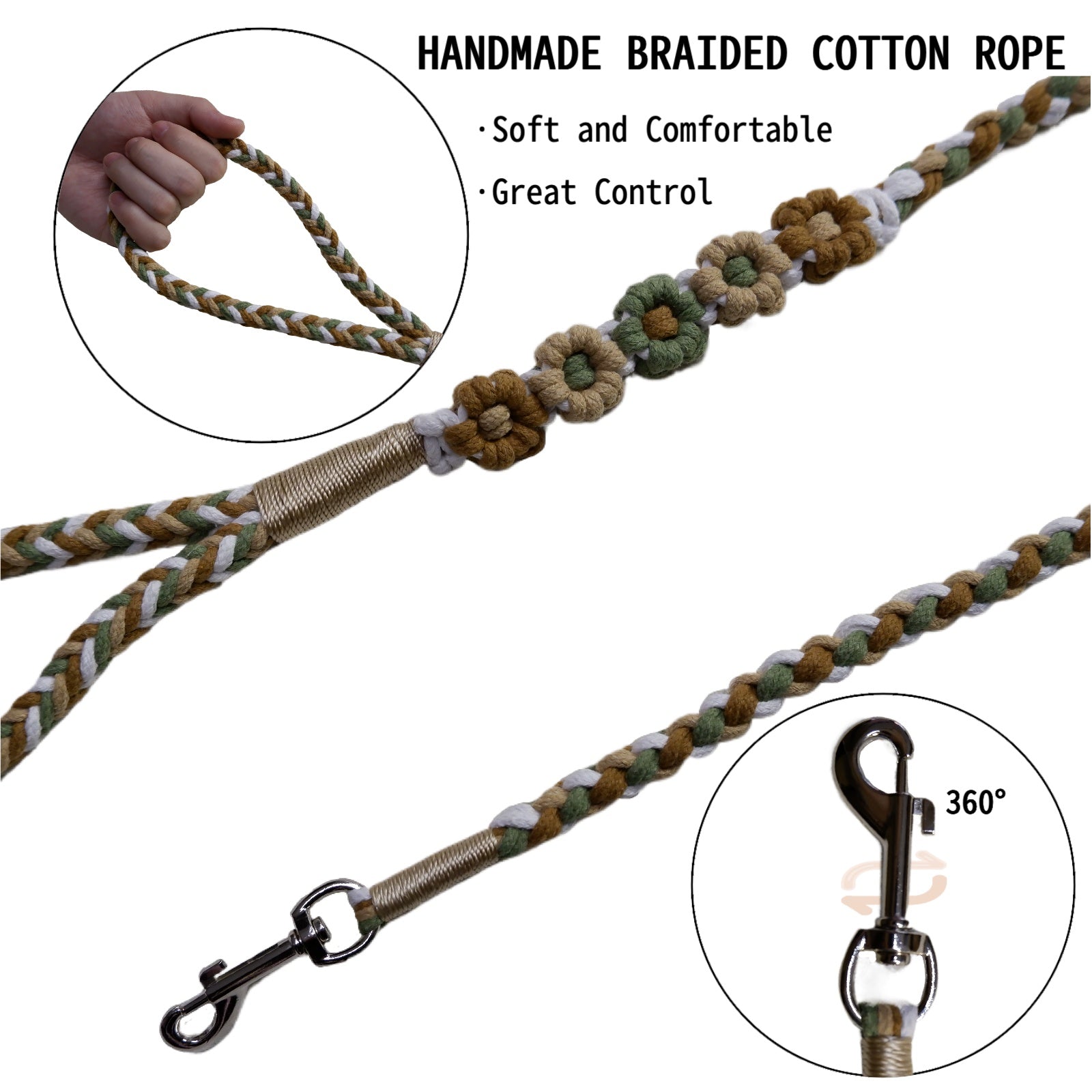 The soft handle and the clip of the five flowers series handmade brown green dog leash