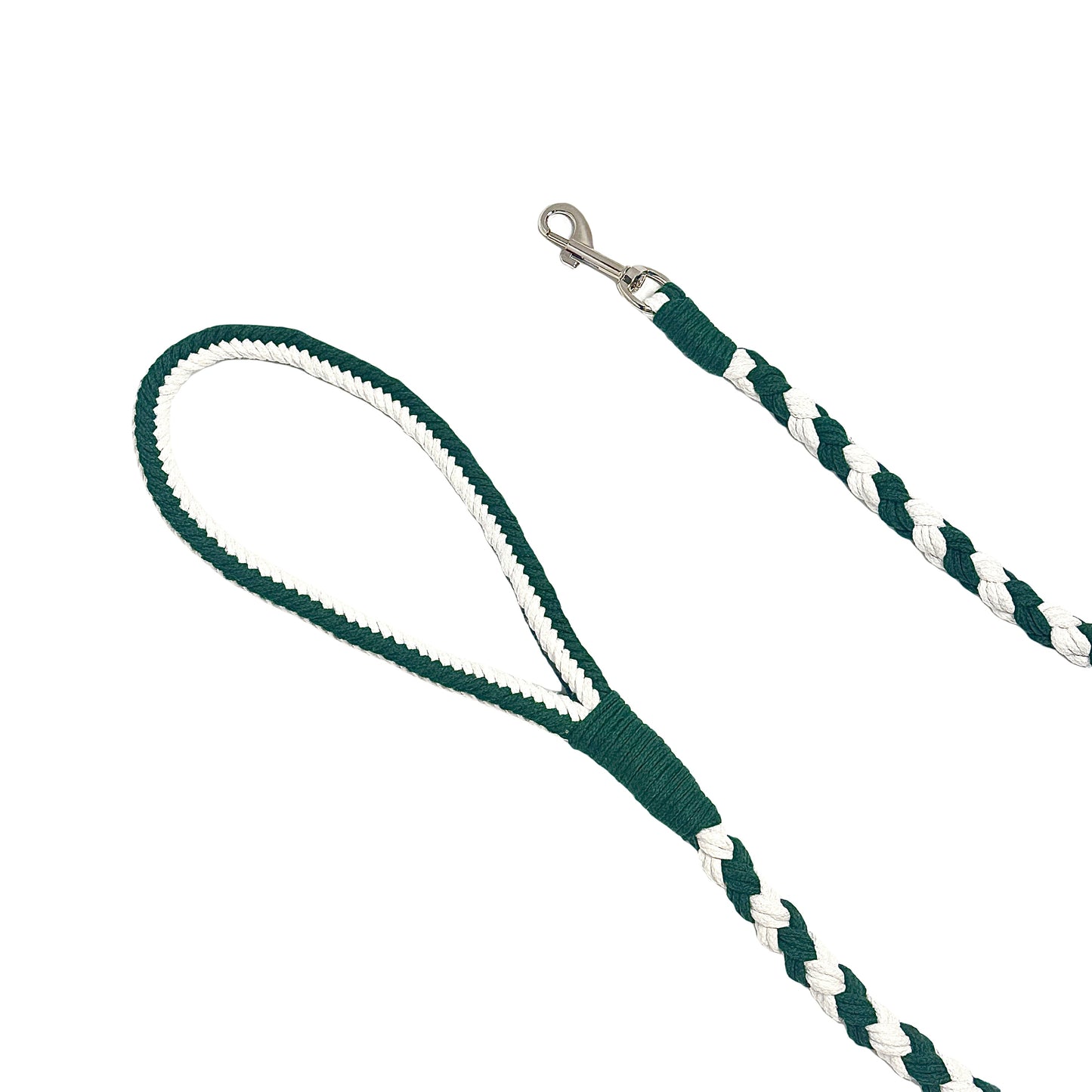The soft handle and the clip of the basic style handmade cyan white dog leash, showcasing its durable and craftsmanship.