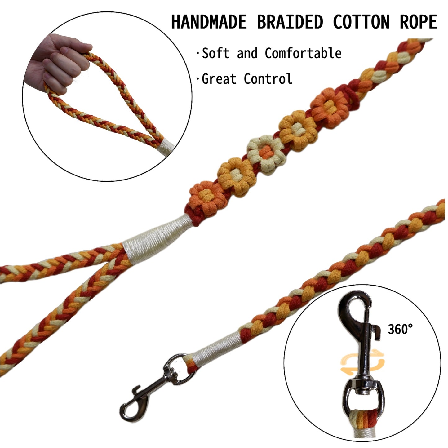 The soft handle and the clip of the five flowers series handmade orange yellow dog leash