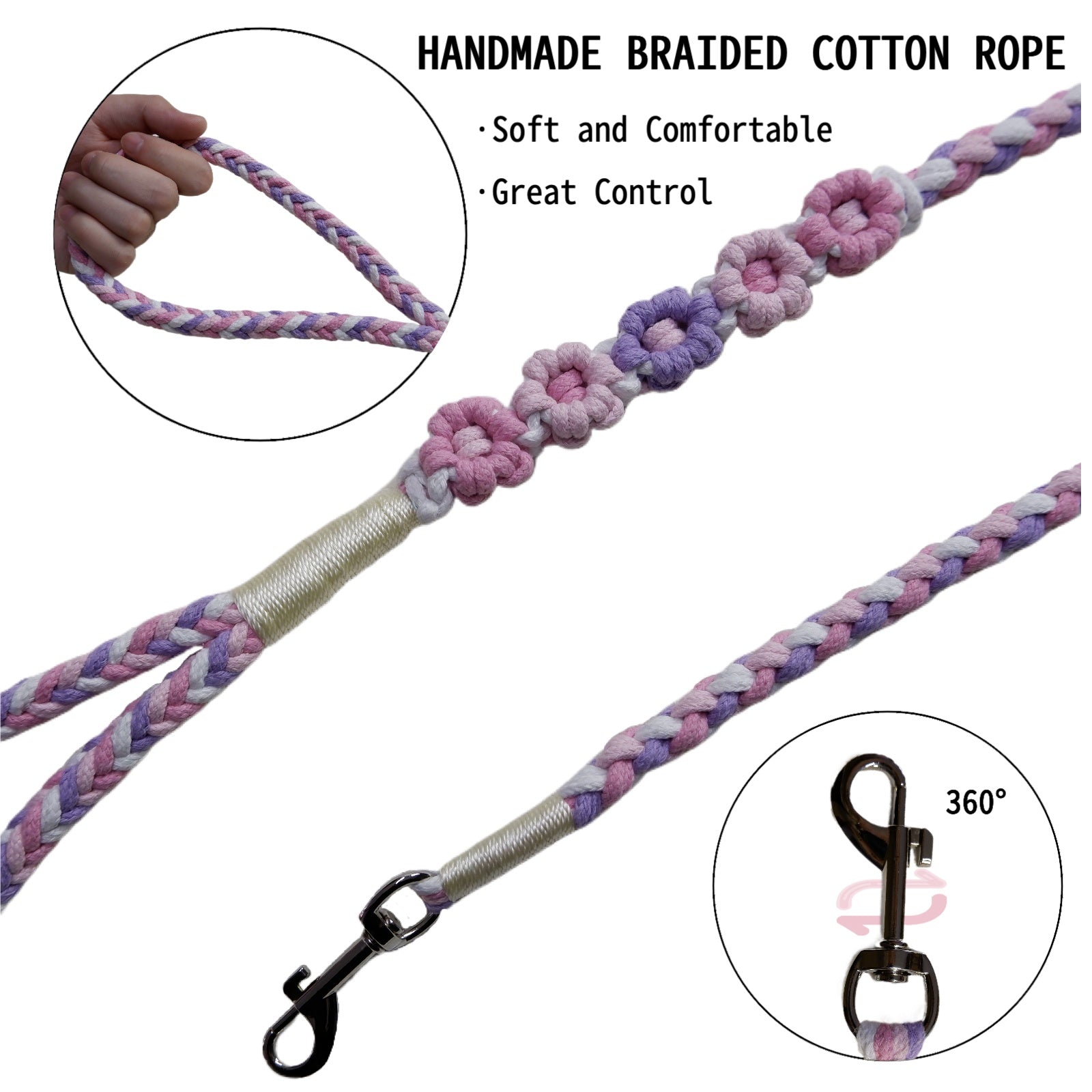 The soft handle and the clip of the five flowers series handmade purple pink dog leash