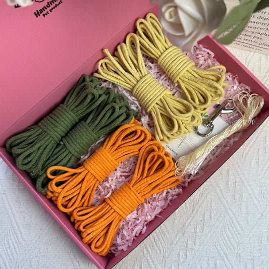 DIY dog leash kit featuring green, orange, and yellow cotton ropes, ice silk cord, one sewing kit, and a stainless steel clasp, neatly arranged in a pink box with decorative shredded paper.