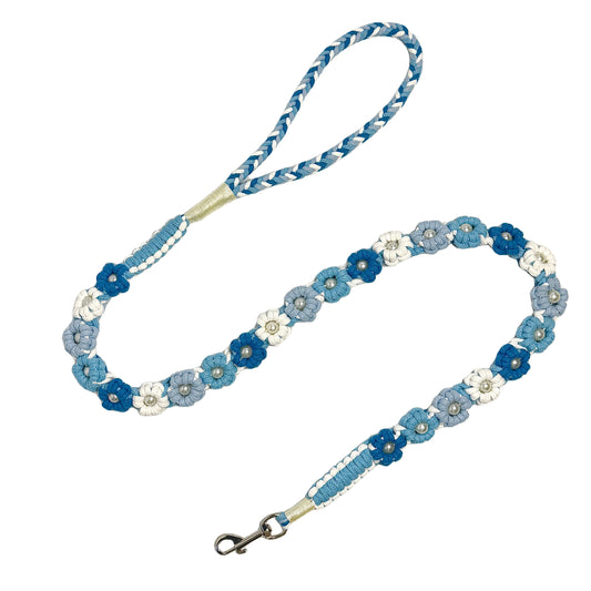 Handmade blue gray dog leash crafted from four colorful cotton ropes, the leash showcases beautifully woven floral accents.