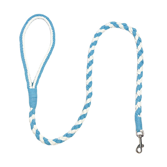 A blue and white handmade dog leash crafted from braided cotton with a soft handle and a secure metal clip, perfect for everyday use.