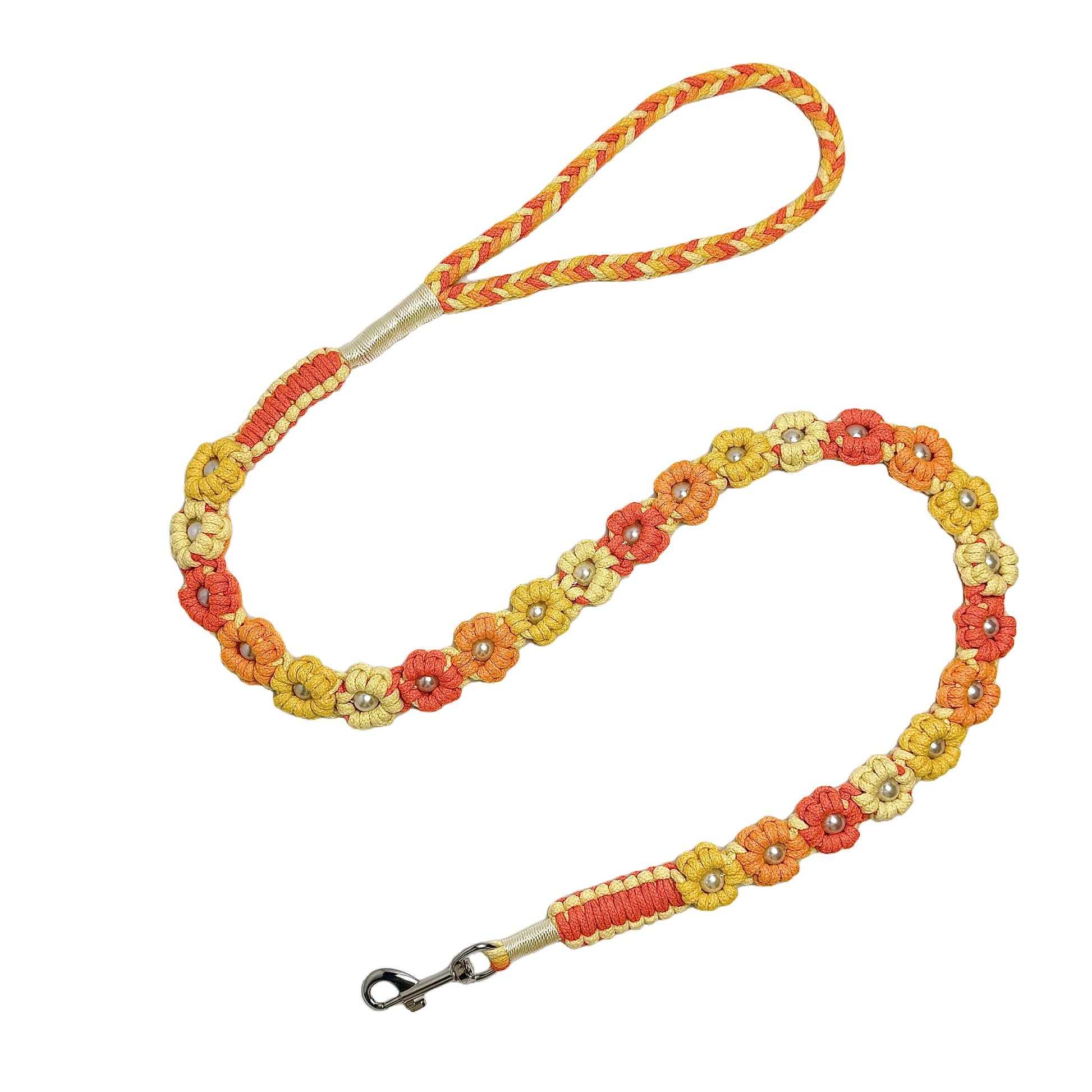 Handmade orange yellow dog leash crafted from four colorful cotton ropes, the leash showcases beautifully woven floral accents.