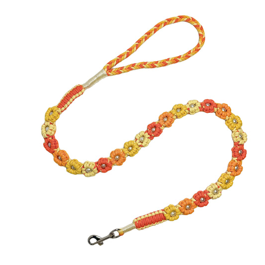 Handmade orange yellow dog leash crafted from four colorful cotton ropes, the leash showcases beautifully woven floral accents.