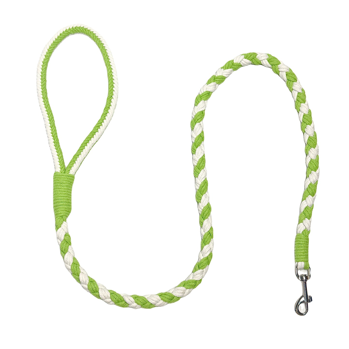 A green and white handmade dog leash crafted from braided cotton with a soft handle and a secure metal clip, perfect for everyday use.