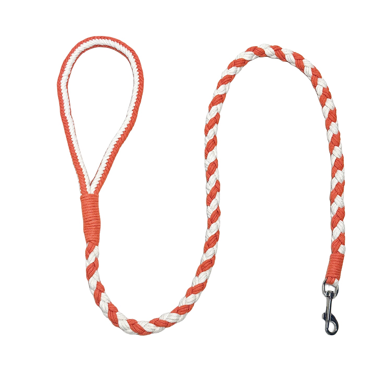 An orange and white handmade dog leash crafted from braided cotton with a soft handle and a secure metal clip, perfect for everyday use.