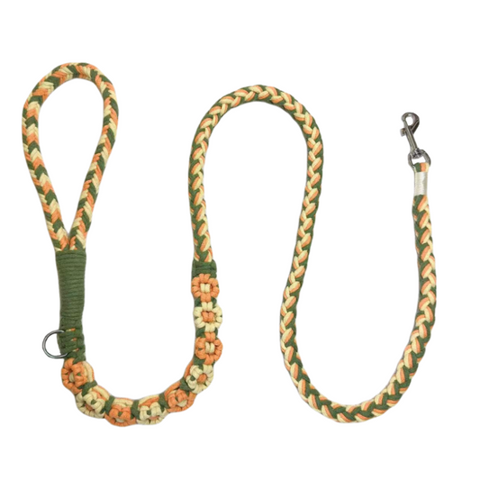 Orange and yellow nine-flower handmade dog leash laid flat, displaying its overall design with a vibrant and elegant look.