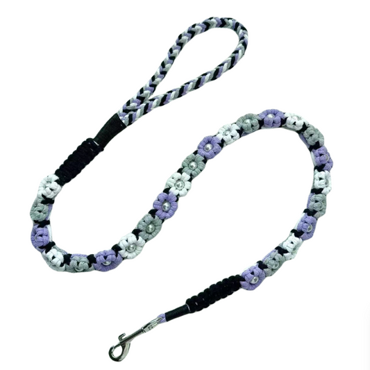 Handmade purple gray dog leash crafted from four cotton ropes, the leash showcases beautifully woven floral accents.